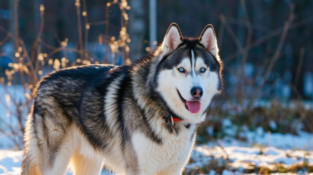 German Shepherd Husky Mix (Shepsky) – The Only Complete Guide You’ll Ever Need - German Shepherd Husky Mix (Shepsky) sitting outdoors, heterochromatic eyes, thick double coat, alert and intelligent expression
