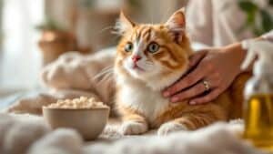 Cat Itching Home Remedies | Safe Home Treatments & Vet-Approved Products - Healthy domestic cat being gently groomed with oatmeal and coconut oil remedies for itchy skin, showing comfort and relief.