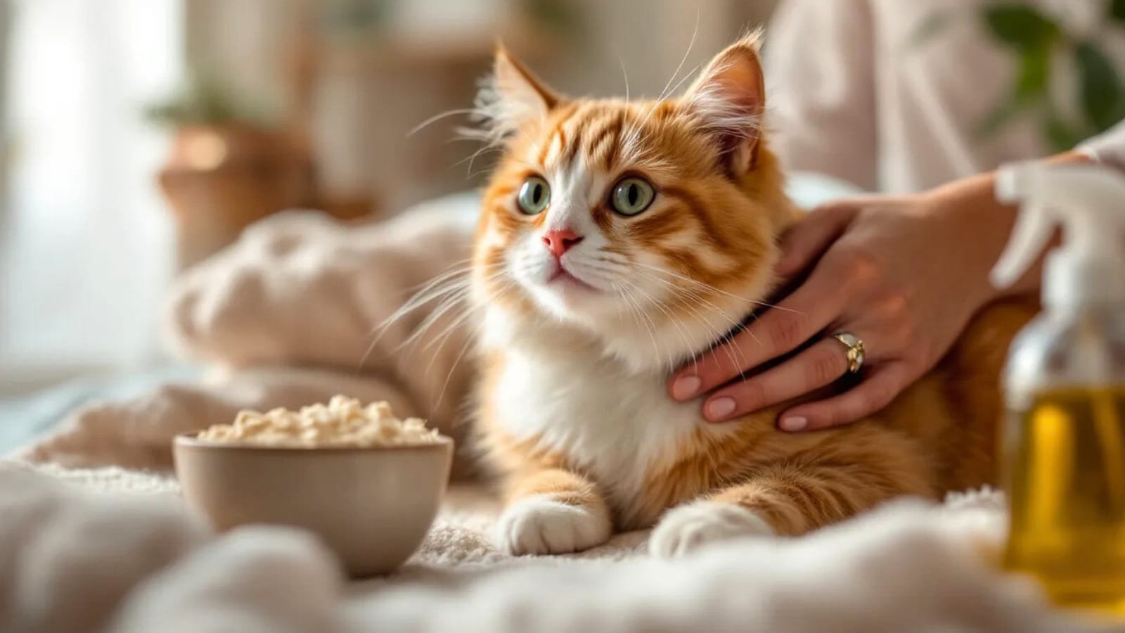 Cat itching home remedies | safe home treatments & vet-approved products - healthy domestic cat being gently groomed with oatmeal and coconut oil remedies for itchy skin, showing comfort and relief.