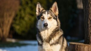 German Shepherd Husky Mix (Shepsky) – The Only Complete Guide You’ll Ever Need - German Shepherd Husky Mix (Shepsky) sitting outdoors, heterochromatic eyes, thick double coat, alert and intelligent expression