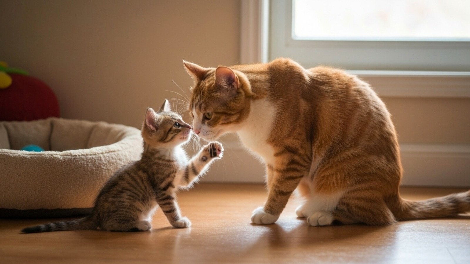 How to bond cat with new kitten | expert tips & step-by-step guide - adult cat bonding with a playful kitten in a cozy home, showing calm interactions, sniffing, and gentle nuzzling for trust-building and safe introductions