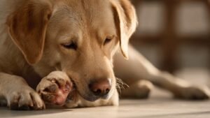 Why Do Dogs Lick Their Paws? Causes, Remedies & Vet Red Flags - Close-up of a healthy dog gently licking its paw, highlighting common causes, remedies, and vet red flags for paw licking