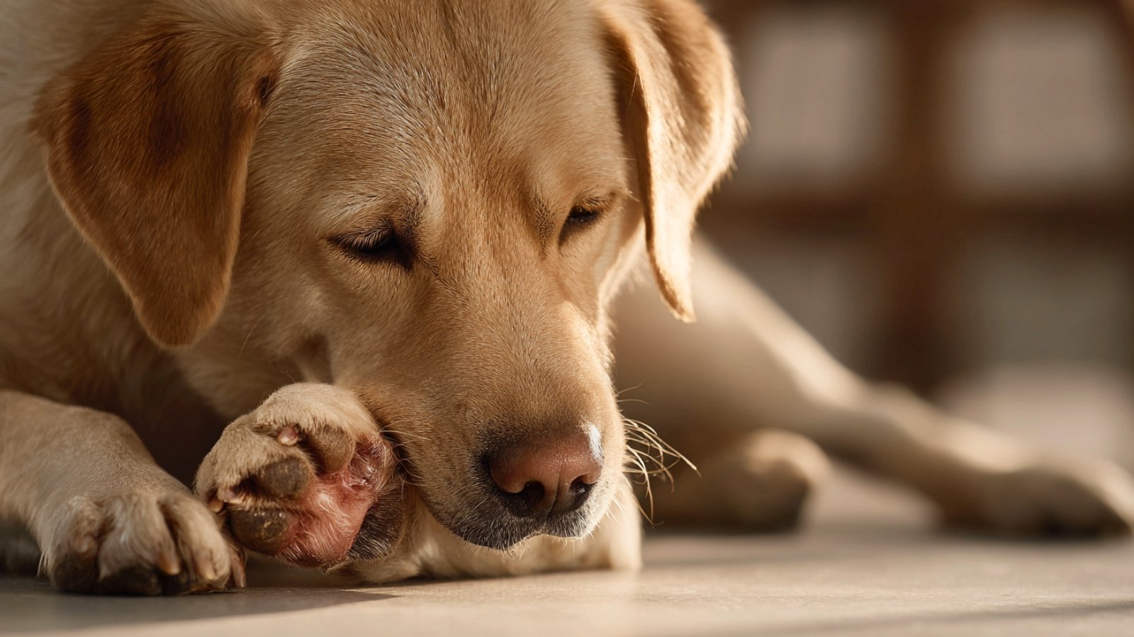 Why do dogs lick their paws? Causes, remedies & vet red flags - close-up of a healthy dog gently licking its paw, highlighting common causes, remedies, and vet red flags for paw licking
