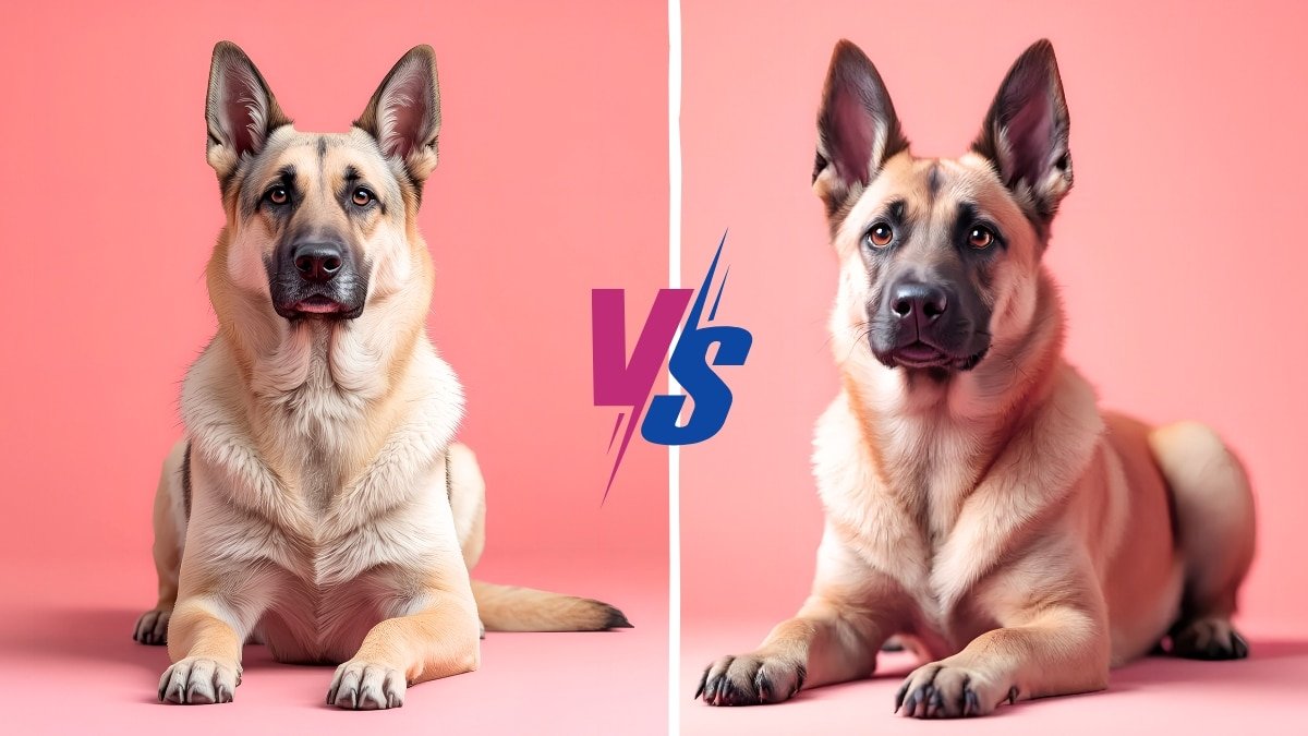 Belgian malinois vs german shepherd: ultimate breed comparison - fair-colored belgian malinois sitting on a soft light pink background, intelligent eyes, alert posture, imagerealistic, ultra-detailed fur, perfect for dog breed comparison guide.