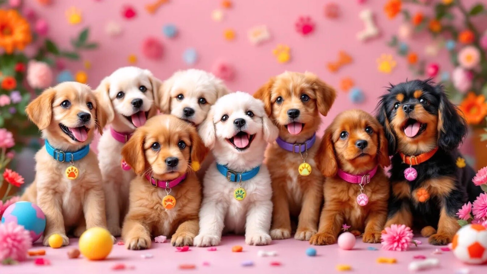 3100+ girl dog names for your furry friend (cute, unique & classic female dog names) - adorable female puppypypypies of various breeds like golden retriever, poodle, beagle, and labrador, each wearing colorful collars with name tags, representing cute, unique, and classic girl dog names. ” why: highly descriptive, keyword-rich, and tells visually what’s in the image.