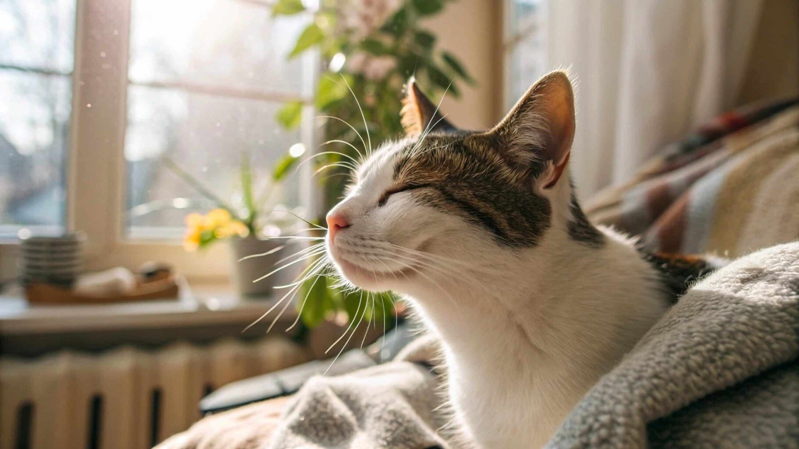 Why is my cat sneezing? Vet-reviewed causes and fixes - a domestic short-haired cat sneezing softly while sitting on a cozy blanket near a window, illustrating causes of cat sneezing and home care solutions.